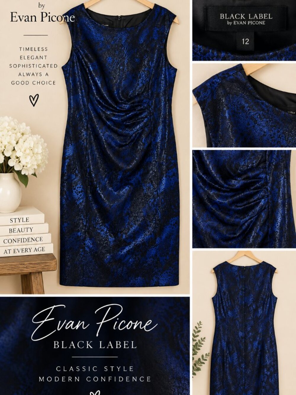 BLACK LABEL by Evan Picone Black Blue Shiny Dress Sz